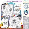 Halloween illustrated zigzag word search puzzle. Answer included.